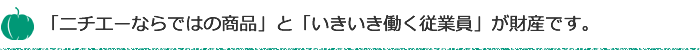 「ニチエーならではの商品」と「いきいき働く従業員」が財産です。 「ニチエーならではの商品」と「いきいき働く従業員」が財産です。